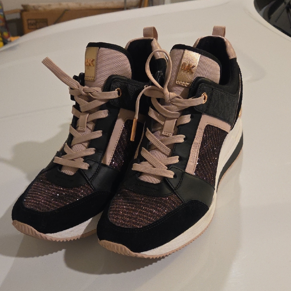 Michael Kors Black and Blush Glitter Wedge Sneakers